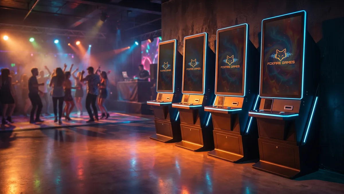 A pair of Foxfire cabinets against the wall of a lively sports bar with a busy crowd nearby.