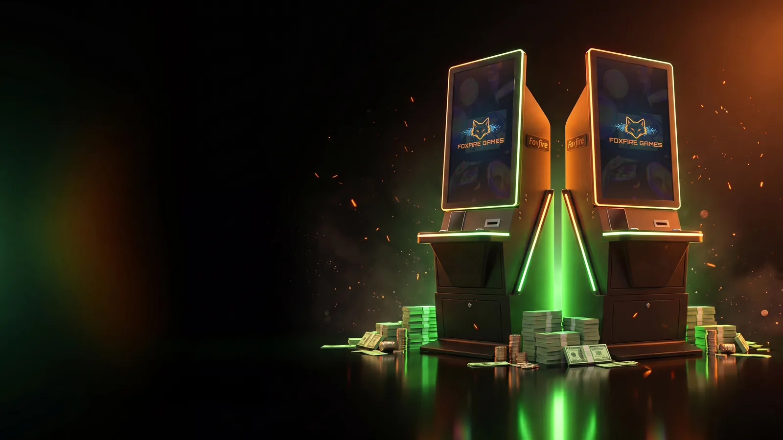 A pair of Foxfire cabinets on a dark stage with stacks of cash and a money green glow.