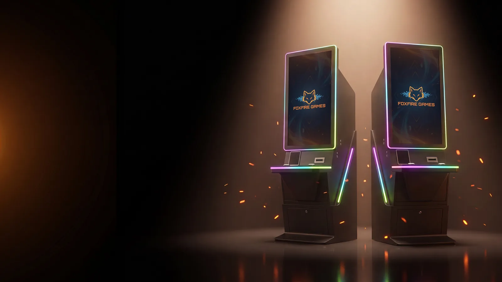 A pair of Foxfire cabinets on a dark stage lit like a fresh install, with drifting embers.