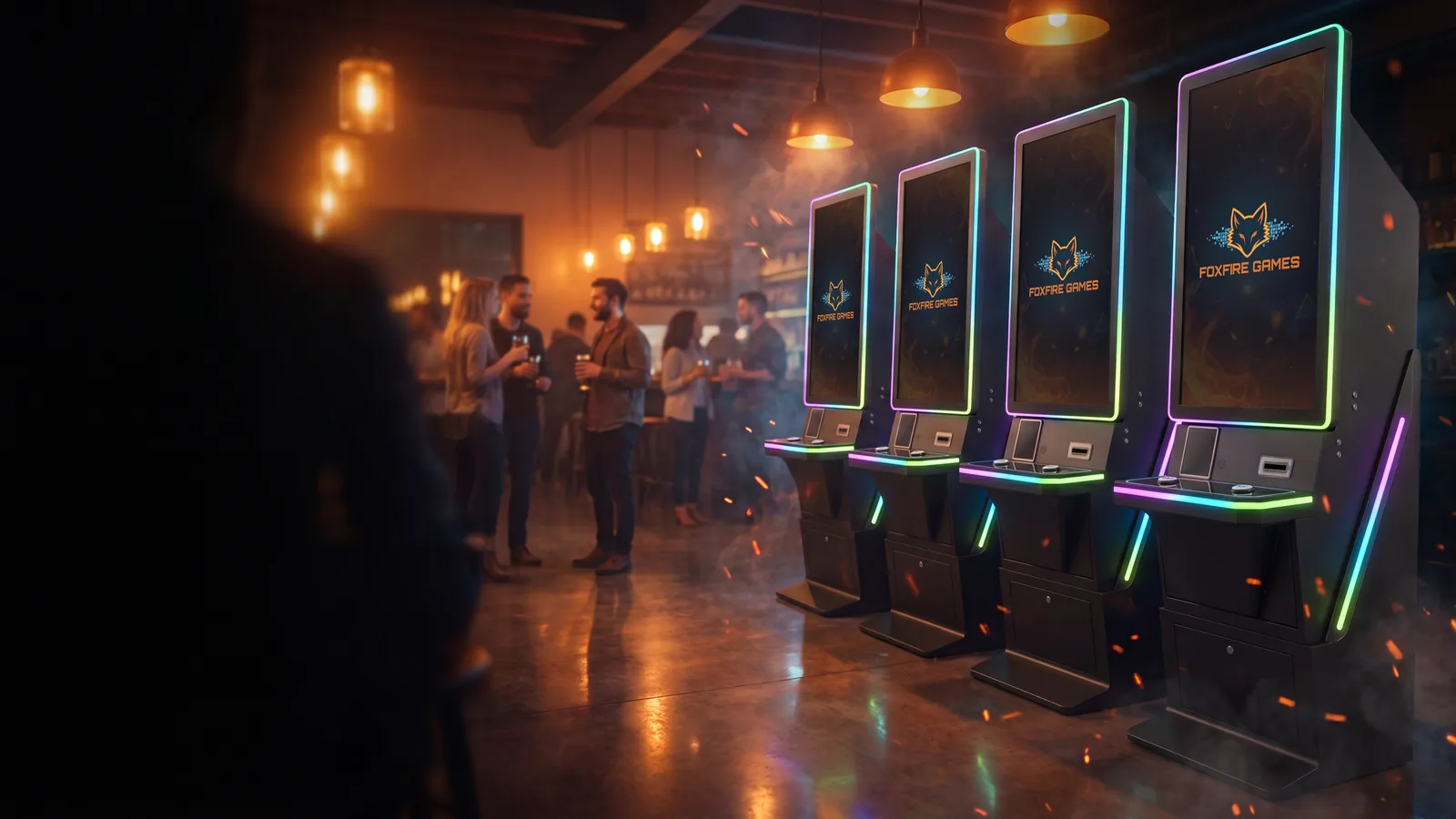 A long row of Foxfire cabinets in a lively venue, shown at scale.