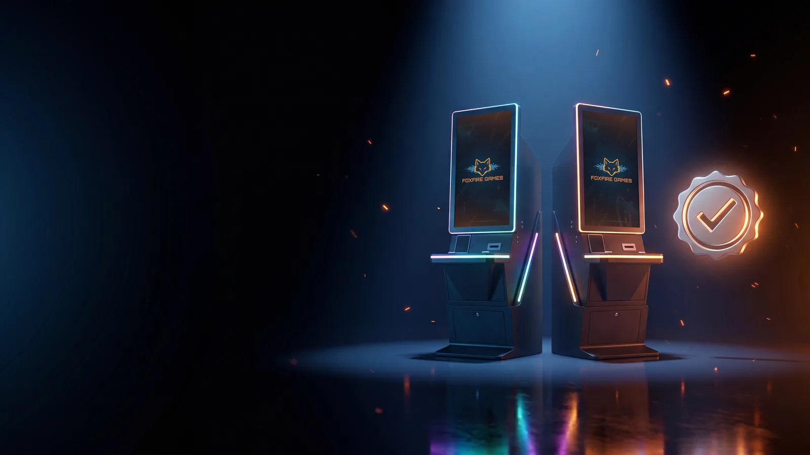 A pair of Foxfire cabinets on a dark stage with a glowing certification seal.