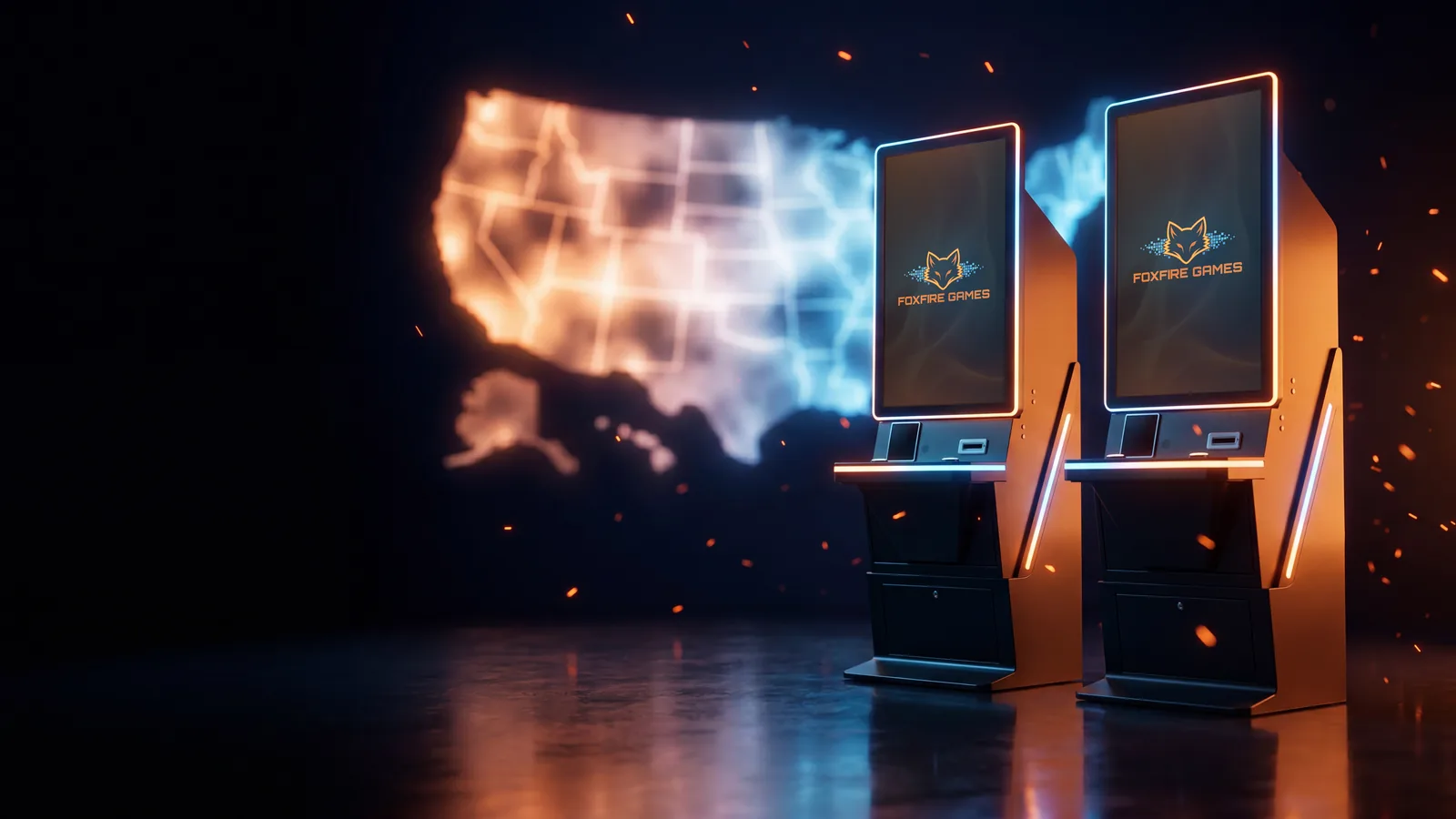 A pair of Foxfire cabinets on a dark stage with a glowing map of the United States behind them.