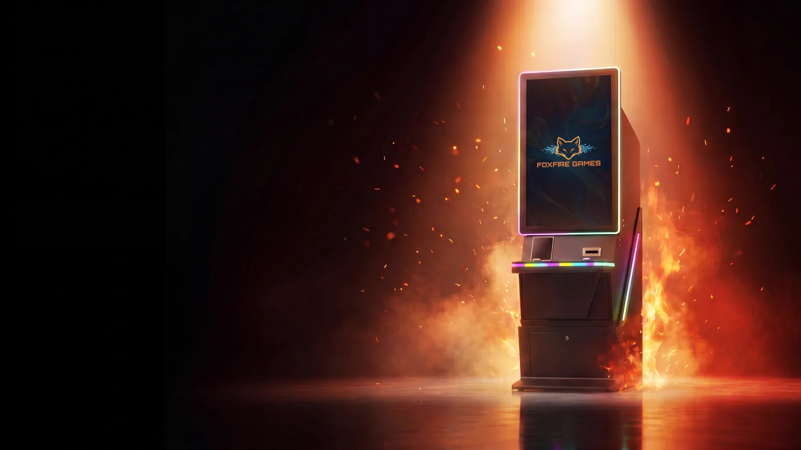 Foxfire cabinets lit up on a dark stage with drifting embers and a warm flame glow.