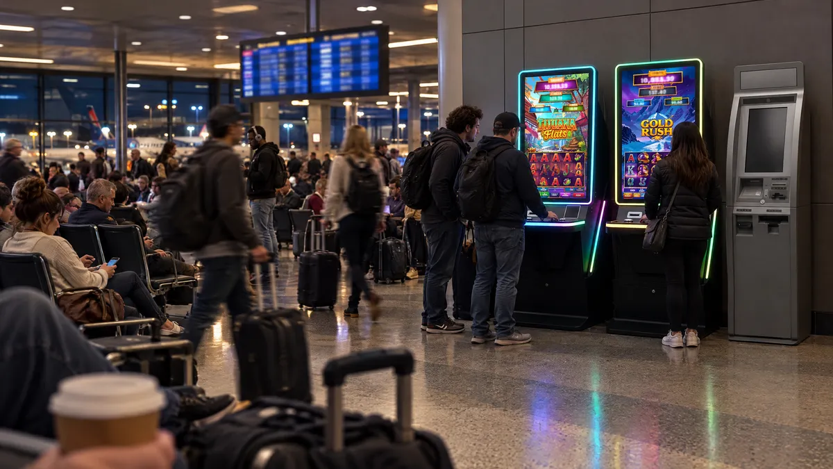 Two Foxfire cabinets and a payout kiosk in an airport terminal, with travelers pulling luggage past and a departures board overhead.