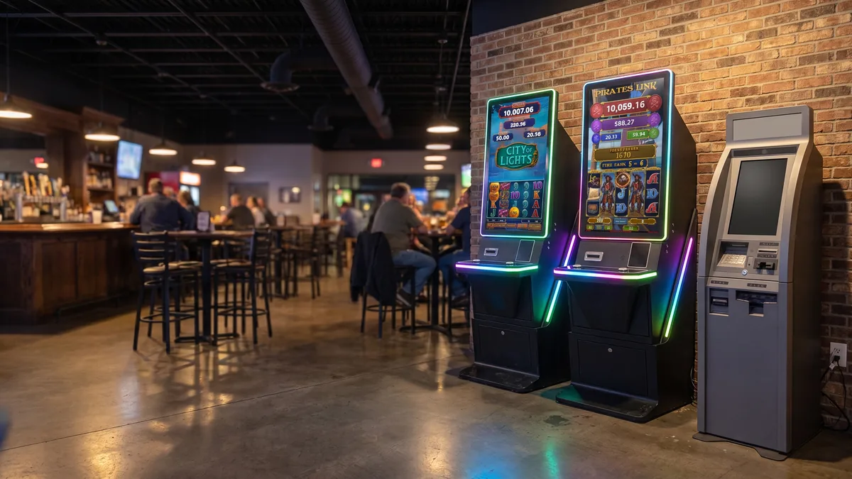 Foxfire machines glowing in a busy bar and club setting.