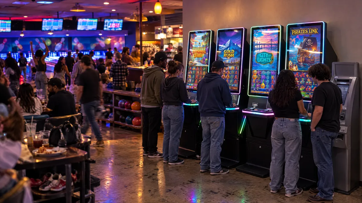 Four Foxfire cabinets and a payout kiosk beside the lanes of a bowling alley, with players at the machines and bowlers in the background.