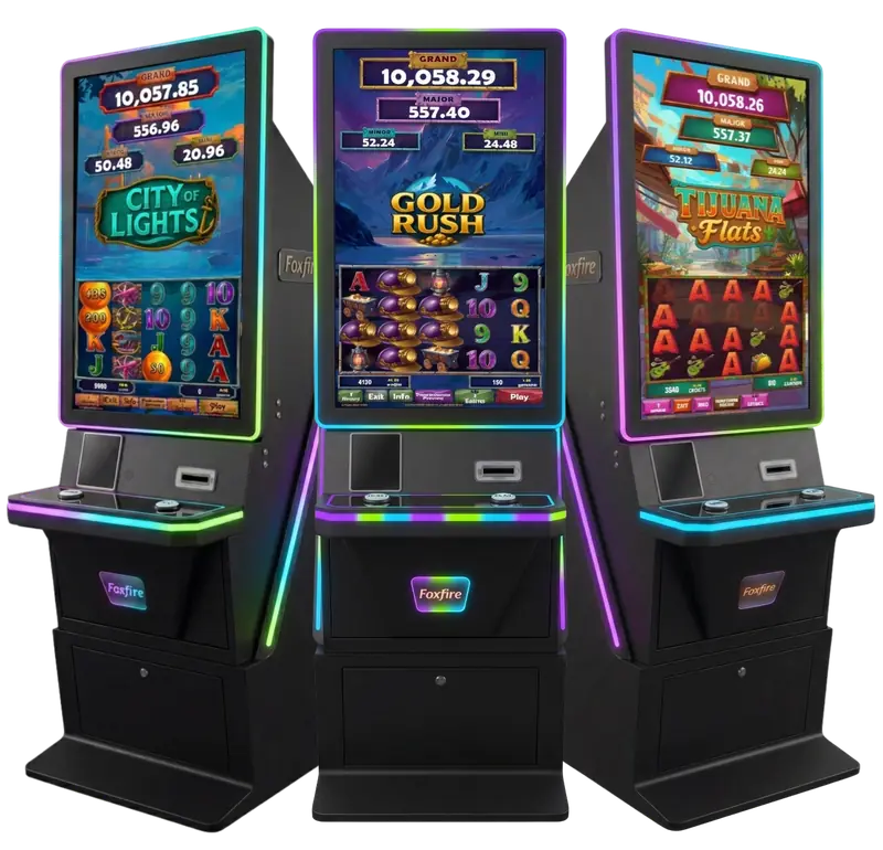 Three Foxfire machines with bright colorful game screens.