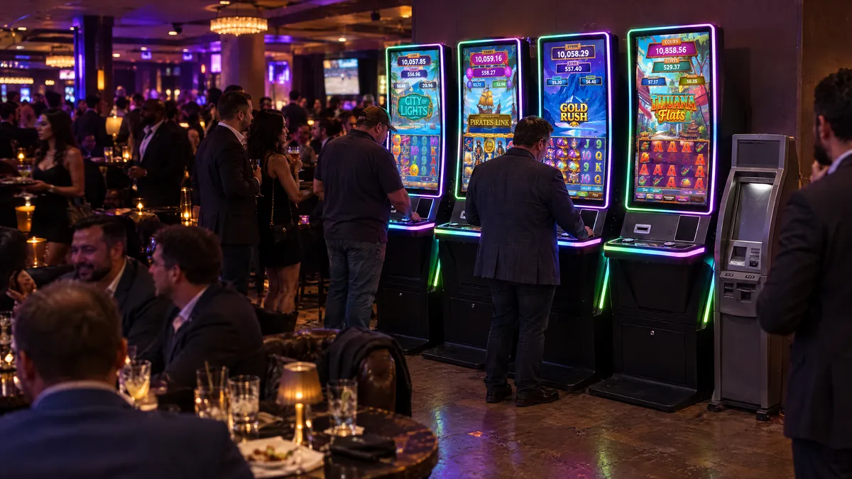 Four Foxfire cabinets and a payout kiosk in an upscale lounge, with men in suits playing and guests seated at tables behind them.