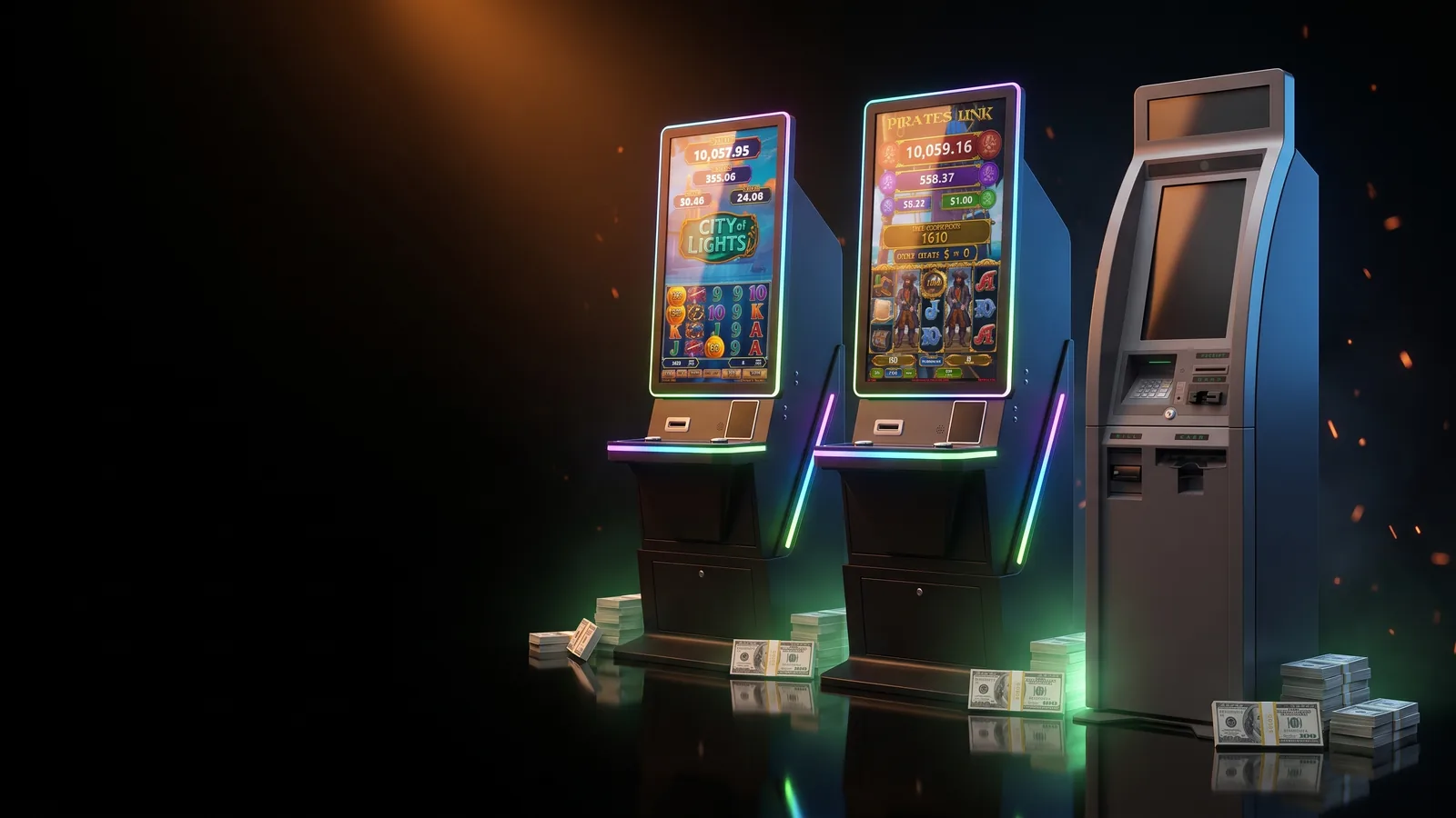 A pair of Foxfire cabinets on a dark stage with stacks of cash and a money green glow.