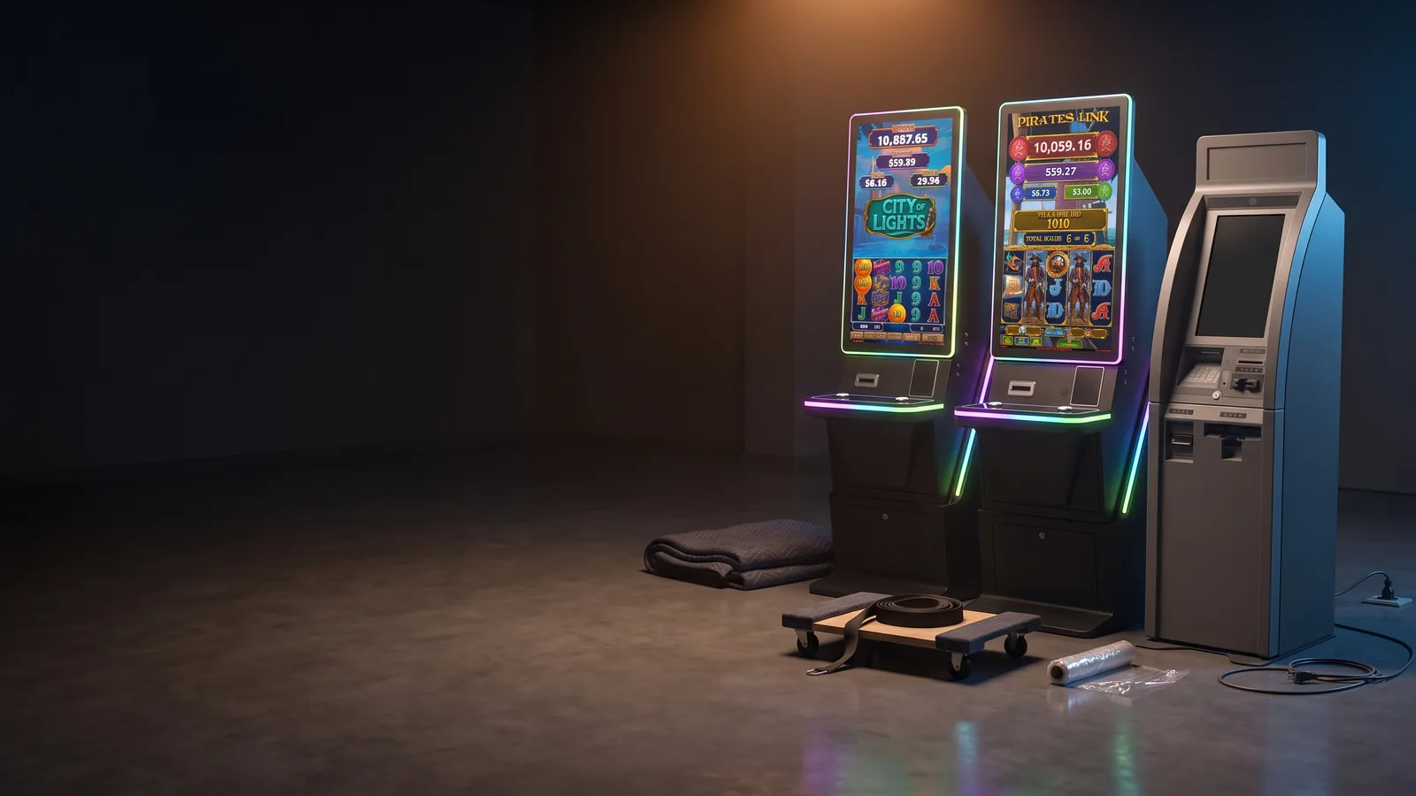A pair of Foxfire cabinets on a dark stage lit like a fresh install, with drifting embers.