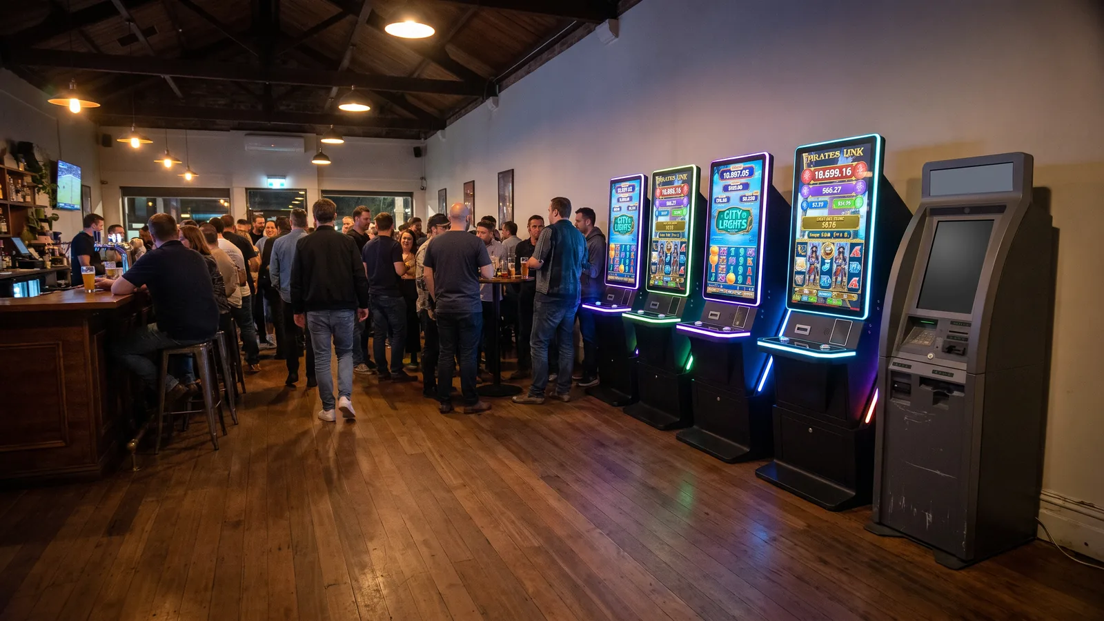 A long row of Foxfire cabinets in a lively venue, shown at scale.