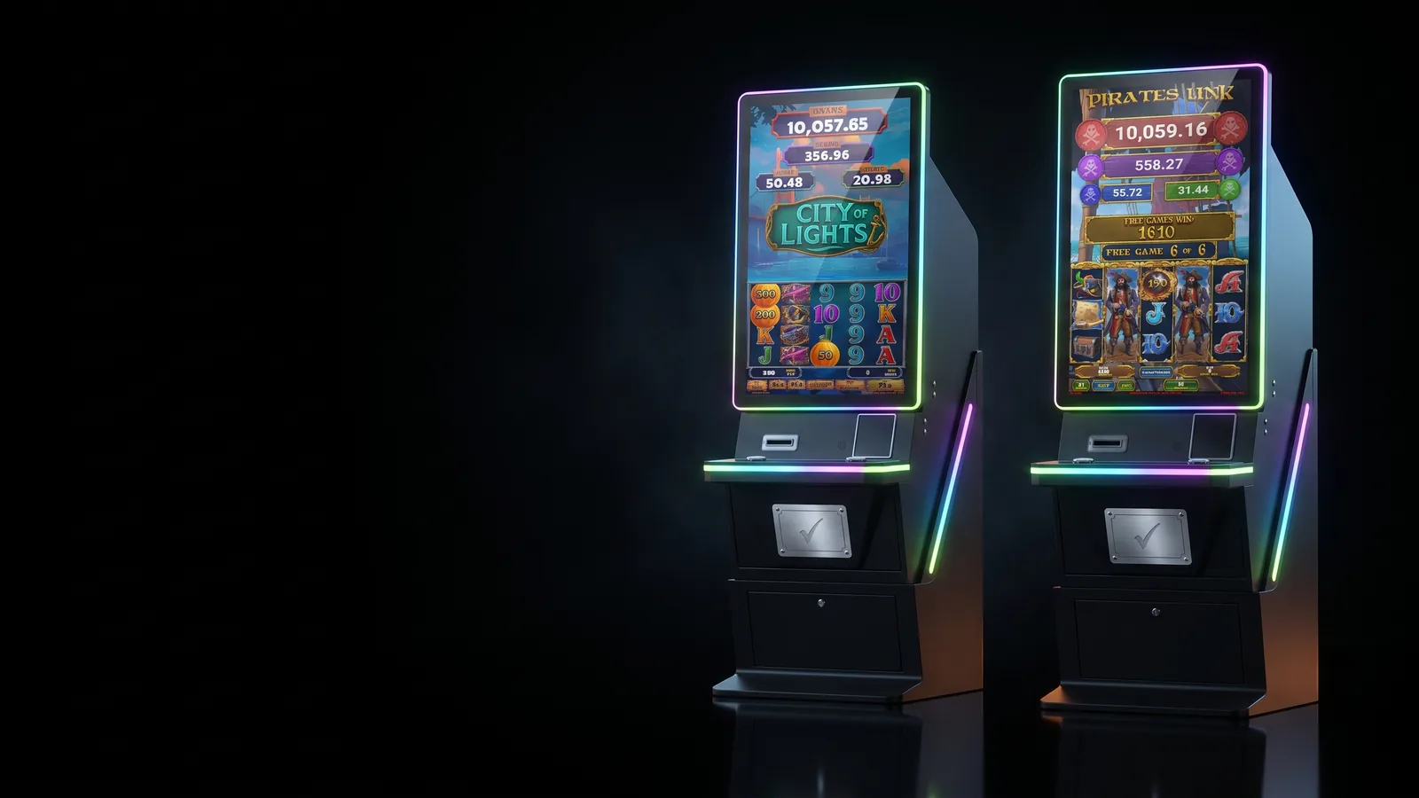 A pair of Foxfire cabinets on a dark stage with a glowing certification seal.