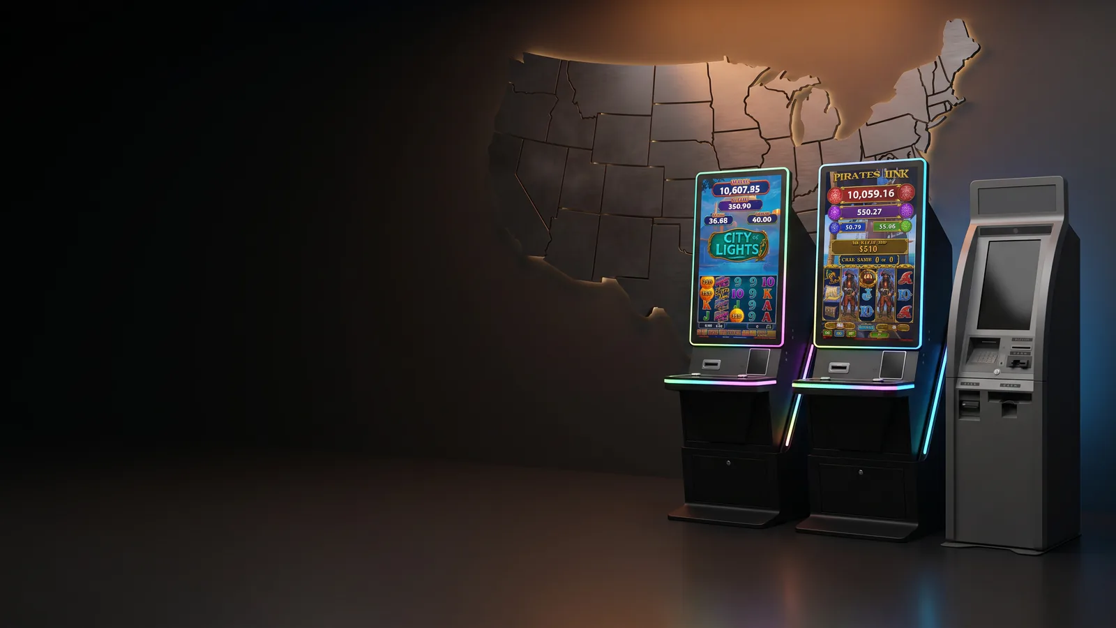 A pair of Foxfire cabinets on a dark stage with a glowing map of the United States behind them.
