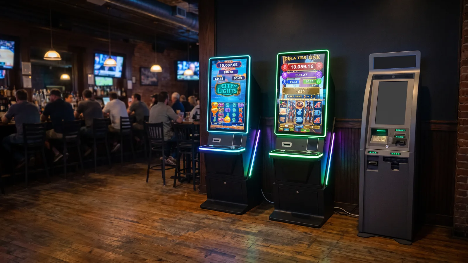 Foxfire cabinets lit up on a dark stage with drifting embers and a warm flame glow.