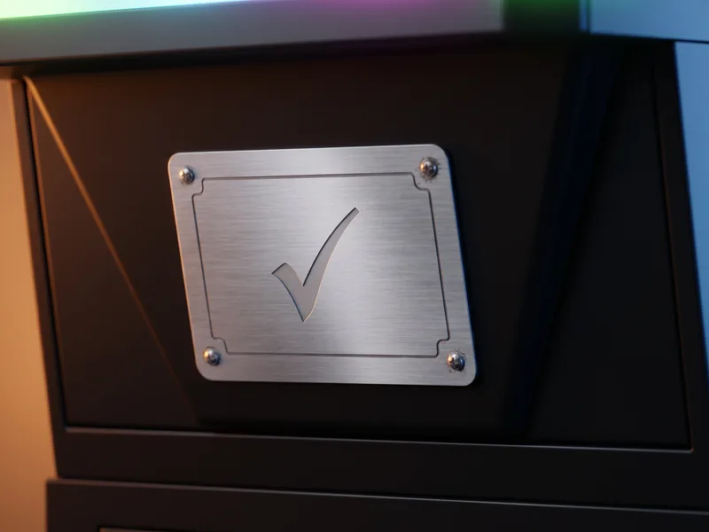 A close view of the certification plate on a Foxfire cabinet, engraved ECT Certified and Non Gambling.