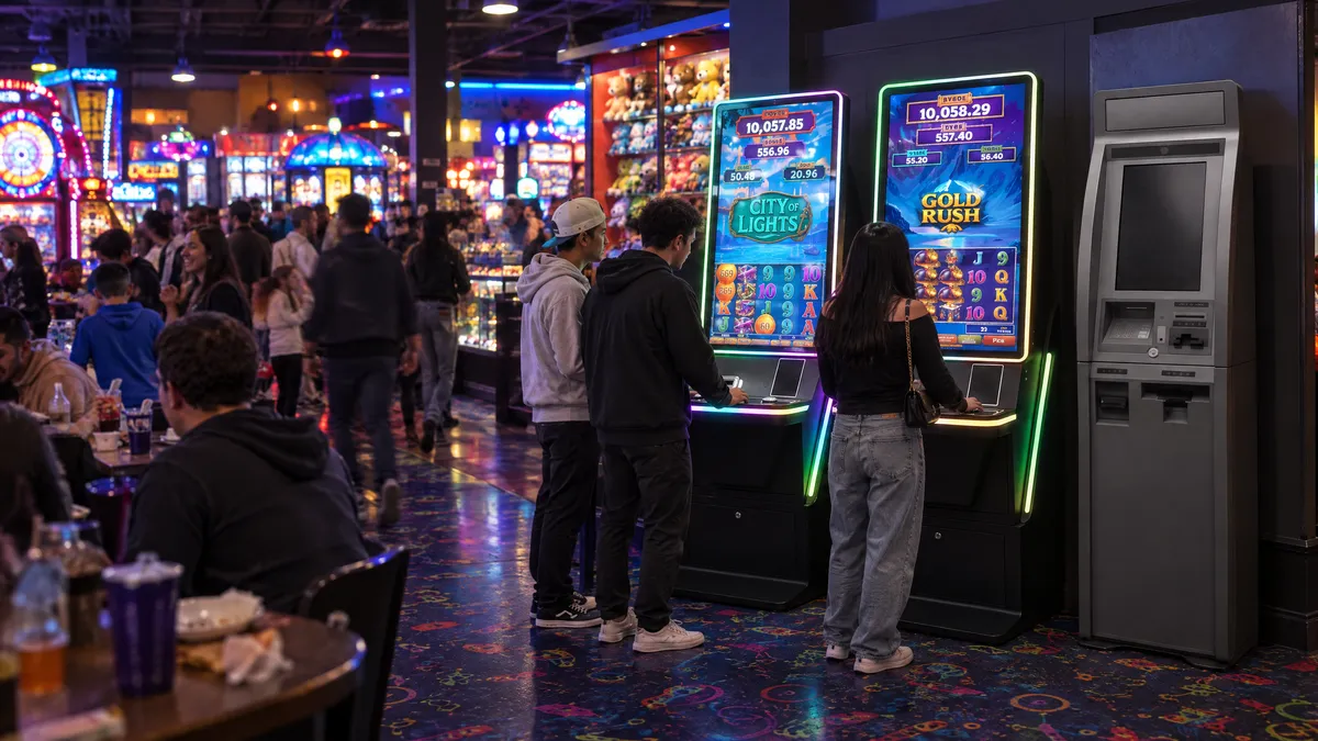 Two Foxfire cabinets and a payout kiosk in a family fun center, with glowing arcade games in the background and visitors nearby.