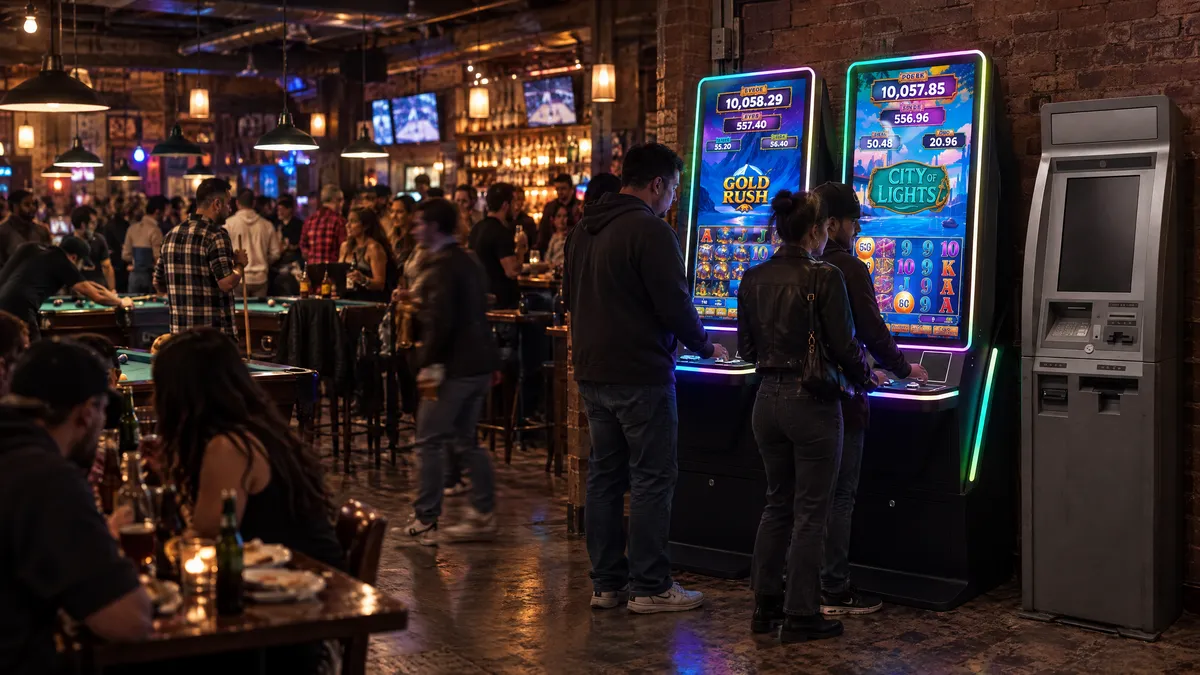 Two Foxfire cabinets and a payout kiosk against a brick wall in a pool hall, with players at the machines and pool tables behind them.