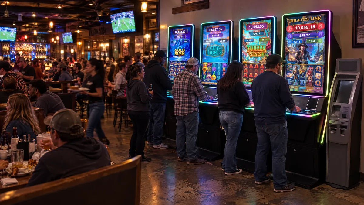 Four Foxfire cabinets and a payout kiosk along the wall of a busy restaurant and bar, with customers playing and a dining crowd behind them.
