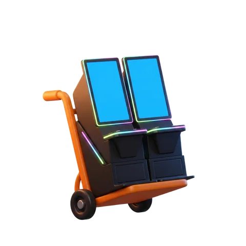 An illustration of a pair of Foxfire cabinets being wheeled into a venue on a delivery hand truck.