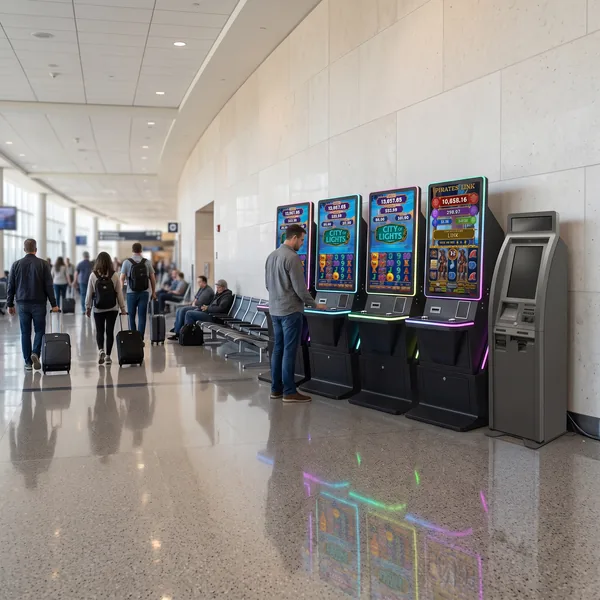 A pair of Foxfire cabinets in a busy airport terminal near a gate seating area with travelers passing by.