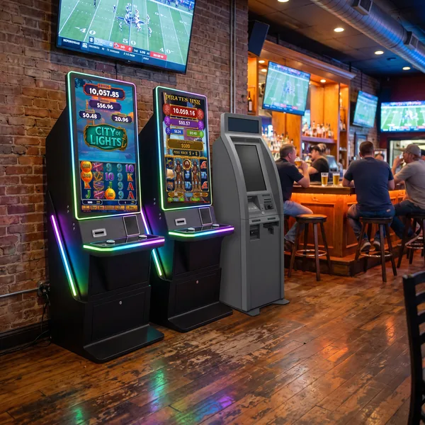 A pair of Foxfire cabinets standing side by side in a busy sports bar with televisions on the walls.