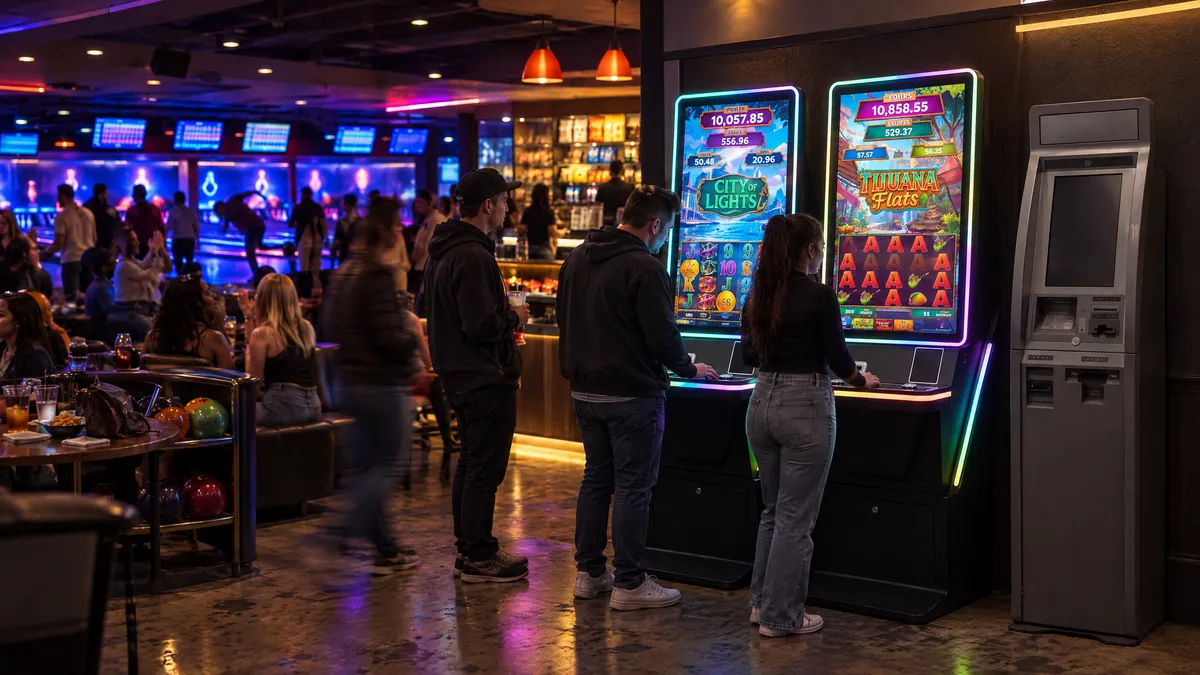 Four Foxfire cabinets and a payout kiosk beside the lanes of a bowling alley, with players at the machines and bowlers in the background.