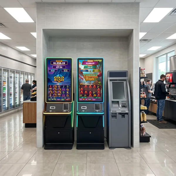 A pair of Foxfire cabinets near the drink coolers inside a busy modern convenience store.