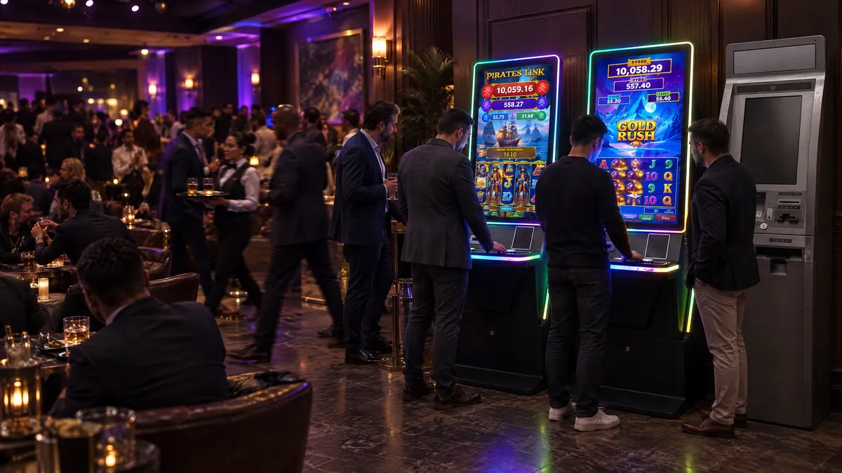 Four Foxfire cabinets and a payout kiosk in an upscale lounge, with men in suits playing and guests seated at tables behind them.