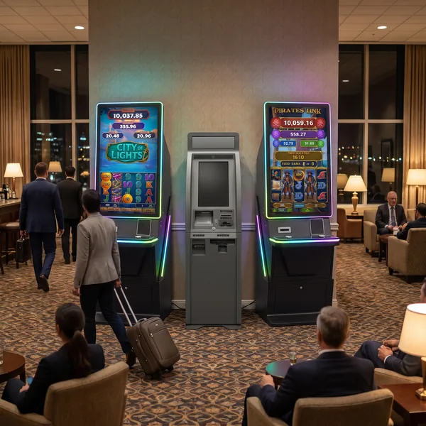 A pair of Foxfire cabinets in a busy hotel lobby lounge nook beside armchairs.