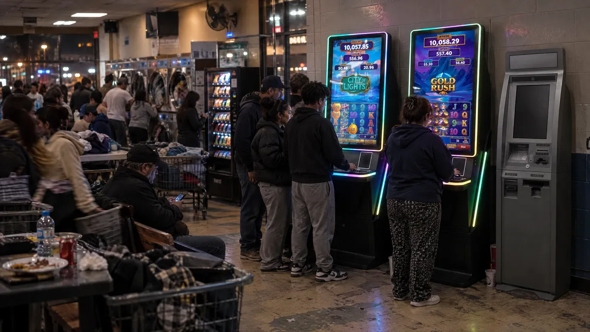 Two Foxfire cabinets and a payout kiosk in a laundromat, with washing machines, a vending machine and customers in the background.
