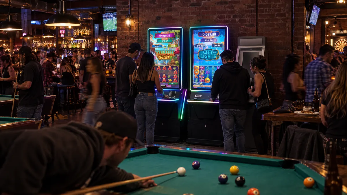 Foxfire cabinets and a payout kiosk in a pool hall