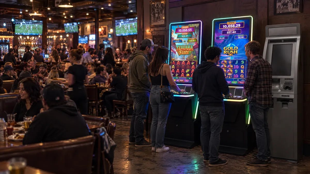Four Foxfire cabinets and a payout kiosk along the wall of a busy restaurant and bar, with customers playing and a dining crowd behind them.