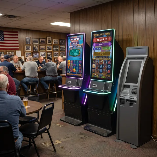 A pair of Foxfire cabinets in a veterans club lounge with members seated in the background.