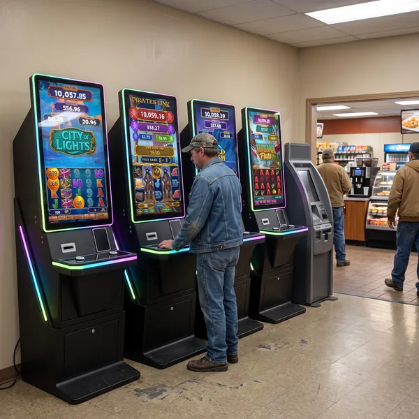 A pair of Foxfire cabinets in the retail area of a large highway truck stop travel center with travelers passing by.