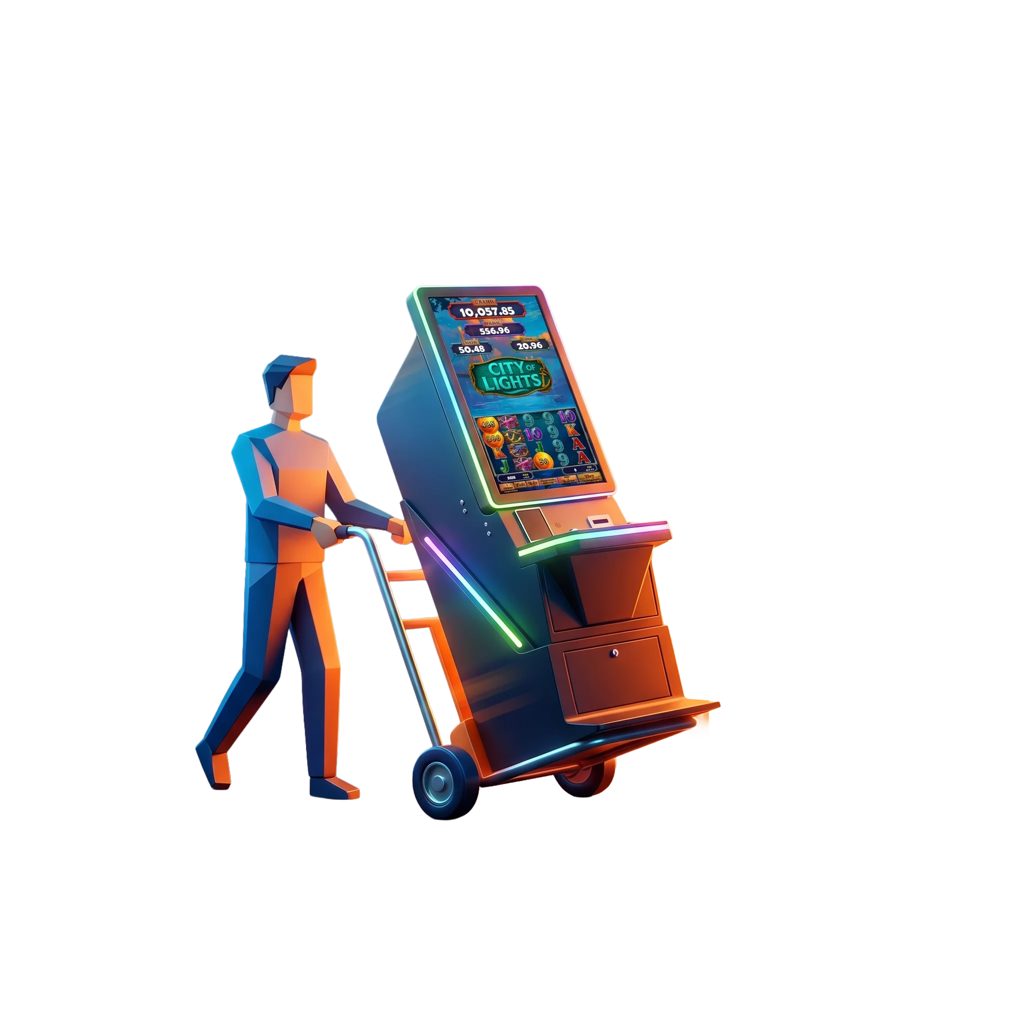 Illustration of a pair of Foxfire cabinets wheeled in on a delivery hand truck for a free install.
