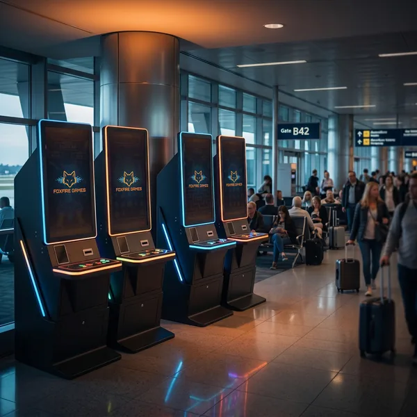 A pair of Foxfire cabinets in a busy airport terminal near a gate seating area with travelers passing by.