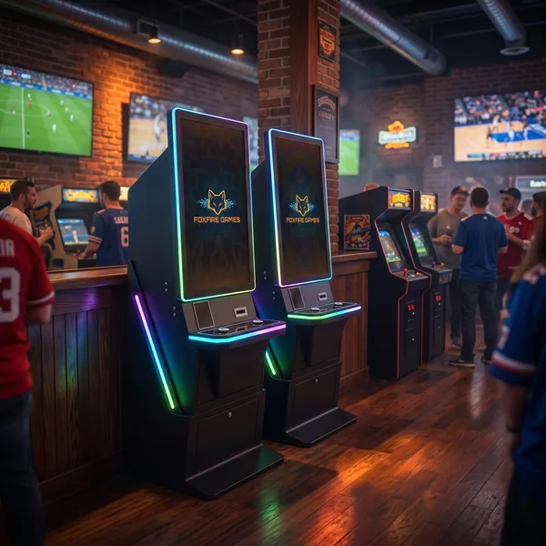 A pair of Foxfire cabinets in a lively sports bar with screens on the walls and a busy crowd in the background.