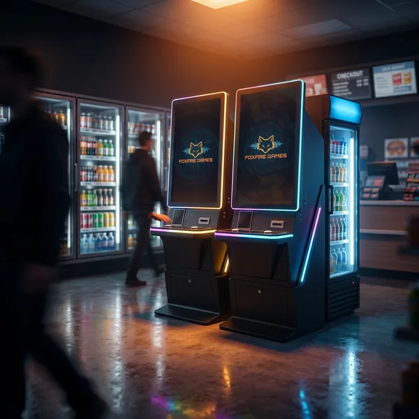 A pair of Foxfire cabinets near the drink coolers inside a busy modern convenience store.