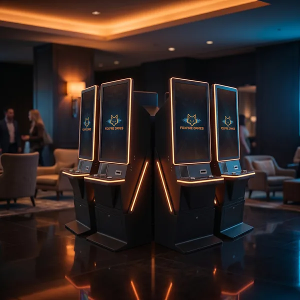 A pair of Foxfire cabinets in a busy hotel lobby lounge nook beside armchairs.