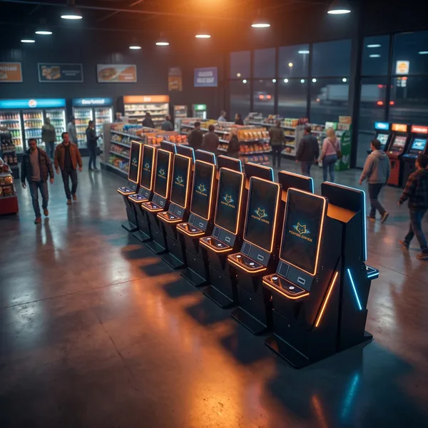 A pair of Foxfire cabinets in the retail area of a large highway truck stop travel center with travelers passing by.